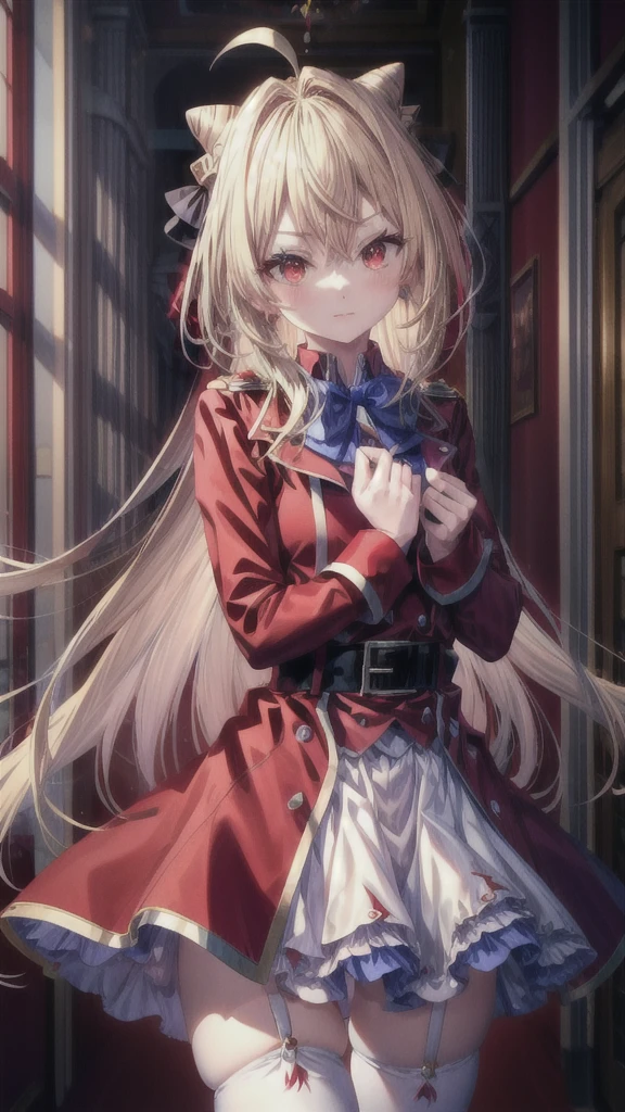 ((Best Quality)), ((Masterpiece)), (detailed), (full body view), {Terakomari Gandesblood}, {1girl, Alone, long hair, blonde hair, cone hair bun, hair ornament, hair intakes, Ahoge, bangs, red eyes, blue bowtie, red jacket, red coat, long sleeves, belt, white skirt, garter straps, white thighhighs}, He has a blood red katana, {correct anatomy}, (remove noise).