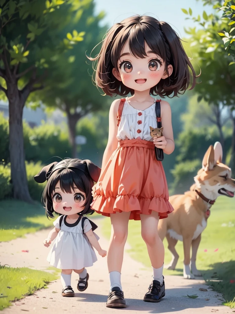 Two Girls、Very close sisters、Walk hand in hand、Having fun and being excited、They both walk with a bounce、Shortcuts、Braided Bob、Happy smile、A cute, cool sleeveless dress、Walking alongside a large dog、Nothing in my hands、Watching the audience、(Quadrupedal Dog、Same height as her sister:1.5、Bushy white hairs、Very gentle and caring)