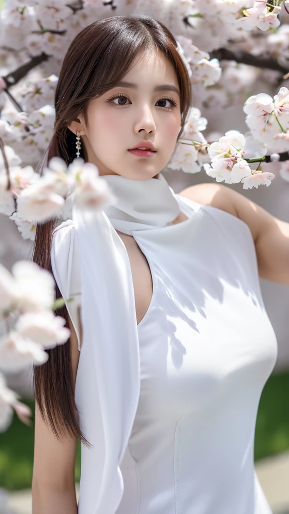 (((white cherry blossom))),(detailed face),(crotch),normal breasts,pretty,sleeveless and turtle neck white silky clothes,4k ,super high resolution ,(photo-realistic: 1.7),white background,black long hair,