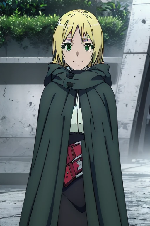 Solo, 1girl, esther rosenthal, smile, long hair, blonde hair, (green eyes:1.5), mole, hooded cloak, cape, best quality, forest,