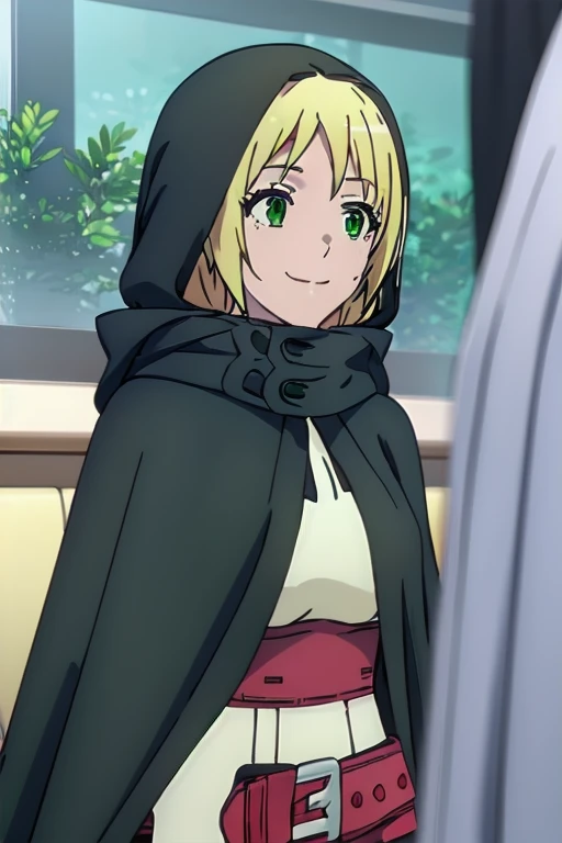 Solo, 1girl, esther rosenthal, smile, long hair, blonde hair, (green eyes:1.5), mole, hooded cloak, cape, best quality, forest, 