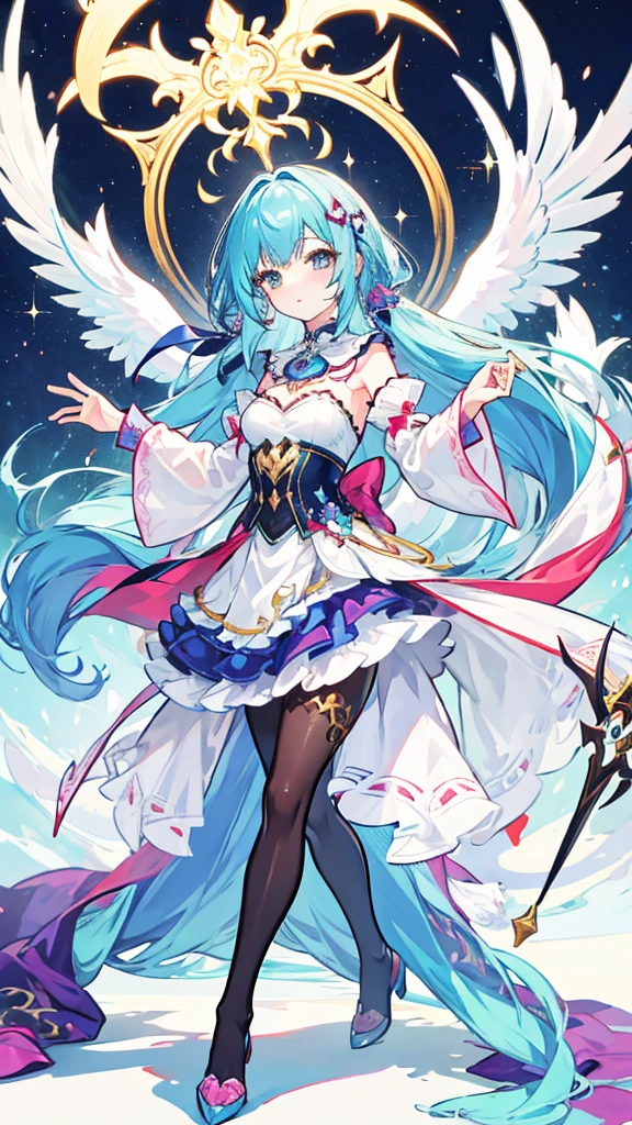 fantasy world girl with colorful hair, accessories, detailed clothes, pantyhose
