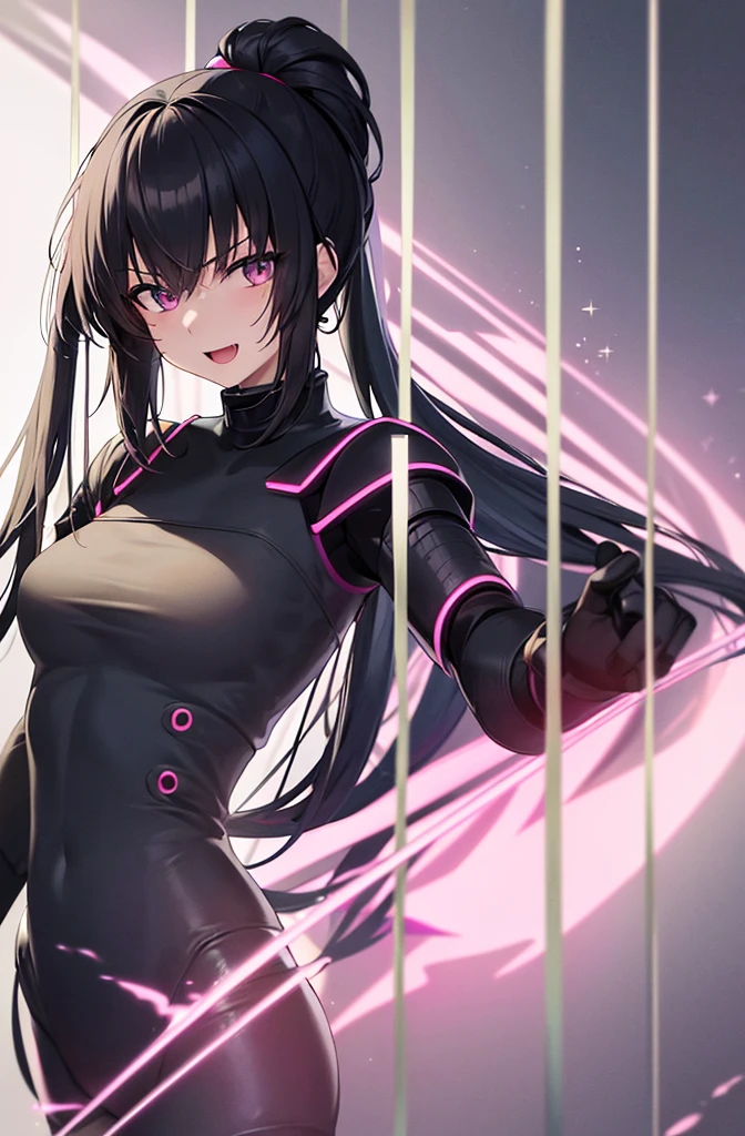 最high quality, high quality, 8K、High resolution,Highest quality、solo、Black Hair, ponytail, Open Mouth Smile, Evil Face, Expressionless face, Wearing a pink bodysuit, Secret spy, A heroine of justice wearing mecha cyber armor,Old Manga, Sci-fi anime, modern mecha anime