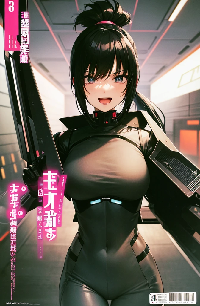 最high quality, high quality, 8K、High resolution,Highest quality、solo、Black Hair, ponytail, Open Mouth Smile, Evil Face, Expressionless face, Wearing a pink bodysuit, Secret spy, A heroine of justice wearing mecha cyber armor,Old Manga, Sci-fi anime, modern mecha anime