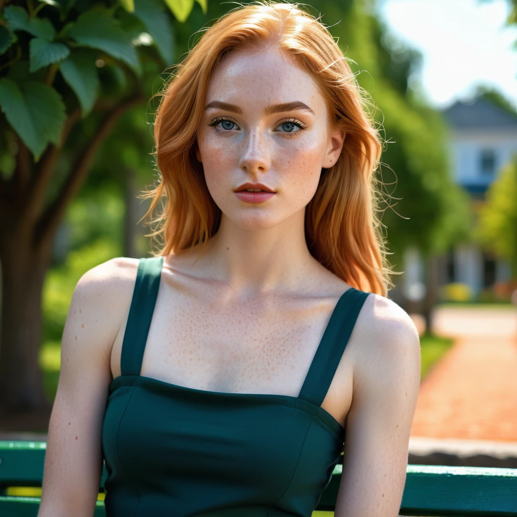 Stacey, A tall, young woman, 22 years old, with long shoulders, athletic, lanky female, a strong build and long, freckles, strawberry blonde hair, freckles. Her skin is pale, toned arms, and a muscular midsection. long legs, She has small breasts, well defined chest, and soft thighs, giving her a delicate and graceful appearance. Her overall look is average in terms of attractiveness, with features that blend in rather than stand out, sitting on a park bench, asymmetrical, bodycon,skirt, Tank top , minimalist art, abstract, bold colors, 1girl, beautiful detailed eyes, beautiful detailed lips, extremely detailed face, long eyelashes, portrait, digital painting, oil painting, acrylic, vibrant colors, vivid colors, high contrast, dramatic lighting, cinematic lighting, dramatic shadows, minimalist background, geometric shapes, clean composition, surreal, dreamlike, impressionistic, hyperrealistic, photorealistic, 8k, highres, best quality, masterpiece, symmetrical, arms raised