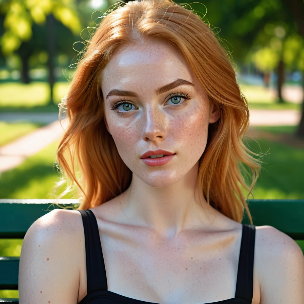 Stacey, A tall, young woman, 22 years old, with long shoulders, athletic, lanky female, a strong build and long, freckles, strawberry blonde hair, freckles. Her skin is pale, toned arms, and a muscular midsection. long legs, She has small breasts, well defined chest, and soft thighs, giving her a delicate and graceful appearance. Her overall look is average in terms of attractiveness, with features that blend in rather than stand out, sitting on a park bench, asymmetrical, bodycon,skirt, Tank top , minimalist art, abstract, bold colors, 1girl, beautiful detailed eyes, beautiful detailed lips, extremely detailed face, long eyelashes, portrait, digital painting, oil painting, acrylic, vibrant colors, vivid colors, high contrast, dramatic lighting, cinematic lighting, dramatic shadows, minimalist background, geometric shapes, clean composition, surreal, dreamlike, impressionistic, hyperrealistic, photorealistic, 8k, highres, best quality, masterpiece, symmetrical, arms raised