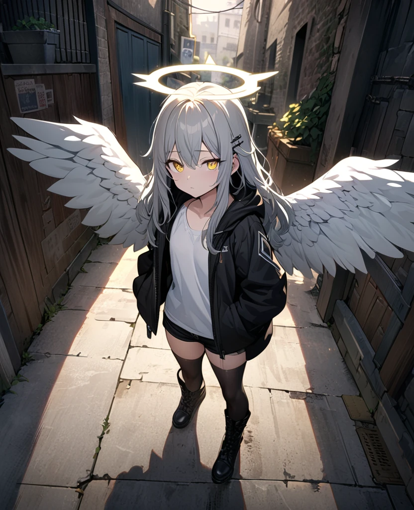 Depth of written boundary, Movie angle, masterpiece, Highest quality, Very detailed, CG, 8k wallpaper, Pretty face, Delicate eyes, alone, 白いLong Hair, Yellow Eyes, hairpin, White shirt, black hooded jacket, Black shorts,Black baseball cap, Black Stockings, Black knee-high boots,Shady back alley,Narrow Passage,NSFW,(masterpiece, Highest quality:1.3), (Super detailed:1.3), One girl, alone, (Gray Hair, Messy Hair, Long Hair), (Angel Wings, Angel Halo), Flat Chest, Yellow Eyes,Expressionless,Character portrait,Point a knife at,Action Shots