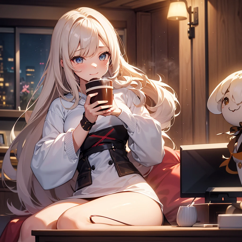 NSFW, sexy, erotic, a hyper-realistic anime-style girl VTuber with long, flowing hair and large, sparkling eyes is live streaming, sitting at her desk in an exquisitely detailed and cozy room adorned with intricate posters, plush toys, and various decorations. The desk is cluttered with streaming equipment illuminated by vibrant, colorful LED lights, creating a captivating and lively atmosphere. She is wearing an adorable outfit and holding a steaming cup of hot cocoa. The angle changes to an extremely dynamic and unique view, focusing intently on the surface of the hot cocoa, featuring an incredibly detailed and charming cute girl design as latte art, without a saucer. Her hand and part of her face are visible as she joyfully introduces the hot cocoa to her viewers. Elements of her live streaming setup, including a microphone, camera, and chat screen, are prominently displayed on the desk, alongside scattered mahjong tiles and a monitor showcasing an intense mahjong game stream. The background is rich with meticulously crafted items, enhancing the cozy and mysterious ambiance. The warm, inviting room light and vibrant LED lights provide a stunning contrast, creating a perfect balance of brightness and shadow. Every detail is rendered with the highest level of precision and clarity, showcasing the warmth of the scene and the allure of the hot cocoa with cute girl latte art, while emphasizing the thrilling mahjong game stream in the most breathtaking quality imaginable. The VTuber's enthusiasm and love for both hot cocoa and mahjong are vividly depicted, making her personality shine through in this extraordinary masterpiece. Enhance the overall resolution and detail to the highest possible level for a strikingly detailed and vibrant image.