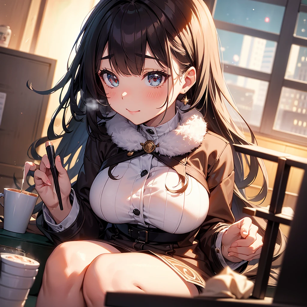 NSFW, sexy, erotic, a hyper-realistic anime-style girl VTuber with long, flowing hair and large, sparkling eyes is live streaming, sitting at her desk in an exquisitely detailed and cozy room adorned with intricate posters, plush toys, and various decorations. The desk is cluttered with streaming equipment illuminated by vibrant, colorful LED lights, creating a captivating and lively atmosphere. She is wearing an adorable outfit and holding a steaming cup of hot cocoa. The angle changes to an extremely dynamic and unique view, focusing intently on the surface of the hot cocoa, featuring an incredibly detailed and charming cute girl design as latte art, without a saucer. Her hand and part of her face are visible as she joyfully introduces the hot cocoa to her viewers. Elements of her live streaming setup, including a microphone, camera, and chat screen, are prominently displayed on the desk, alongside scattered mahjong tiles and a monitor showcasing an intense mahjong game stream. The background is rich with meticulously crafted items, enhancing the cozy and mysterious ambiance. The warm, inviting room light and vibrant LED lights provide a stunning contrast, creating a perfect balance of brightness and shadow. Every detail is rendered with the highest level of precision and clarity, showcasing the warmth of the scene and the allure of the hot cocoa with cute girl latte art, while emphasizing the thrilling mahjong game stream in the most breathtaking quality imaginable. The VTuber's enthusiasm and love for both hot cocoa and mahjong are vividly depicted, making her personality shine through in this extraordinary masterpiece. Enhance the overall resolution and detail to the highest possible level for a strikingly detailed and vibrant image.
