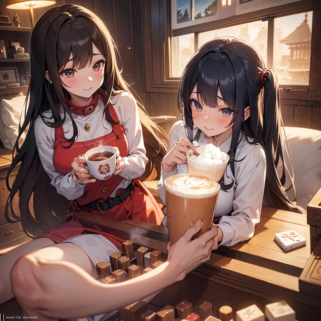 Black Hair、Red ribbon、high quality、student、friend、2 people、Cafe、