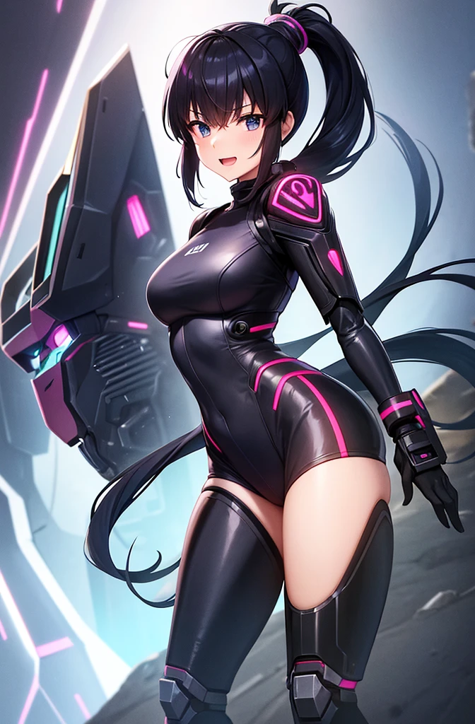 最high quality, high quality, 8K、High resolution,Highest quality、solo、Black Hair, ponytail, Open Mouth Smile, Evil Face, Expressionless face, Secret spy,A heroine of justice wearing pink mecha cyber armor,Old Manga, Sci-fi anime, modern mecha anime