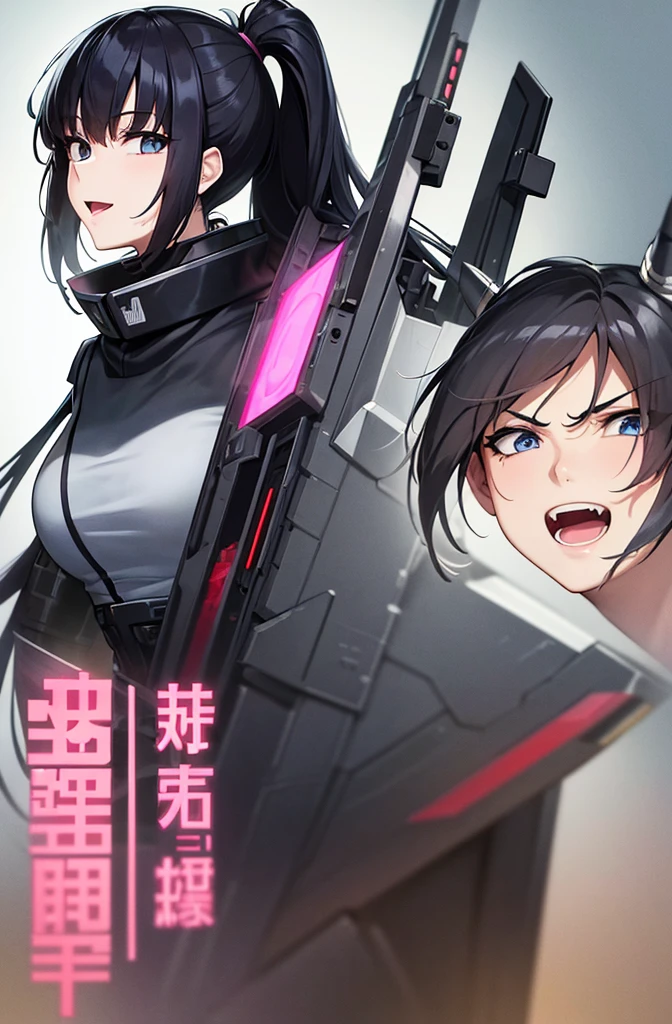 最high quality, high quality, 8K、High resolution,Highest quality、solo、Black Hair, ponytail, Open Mouth Smile, Evil Face, Expressionless face, Secret spy,A heroine of justice wearing pink mecha cyber armor,Old Manga, Sci-fi anime, modern mecha anime