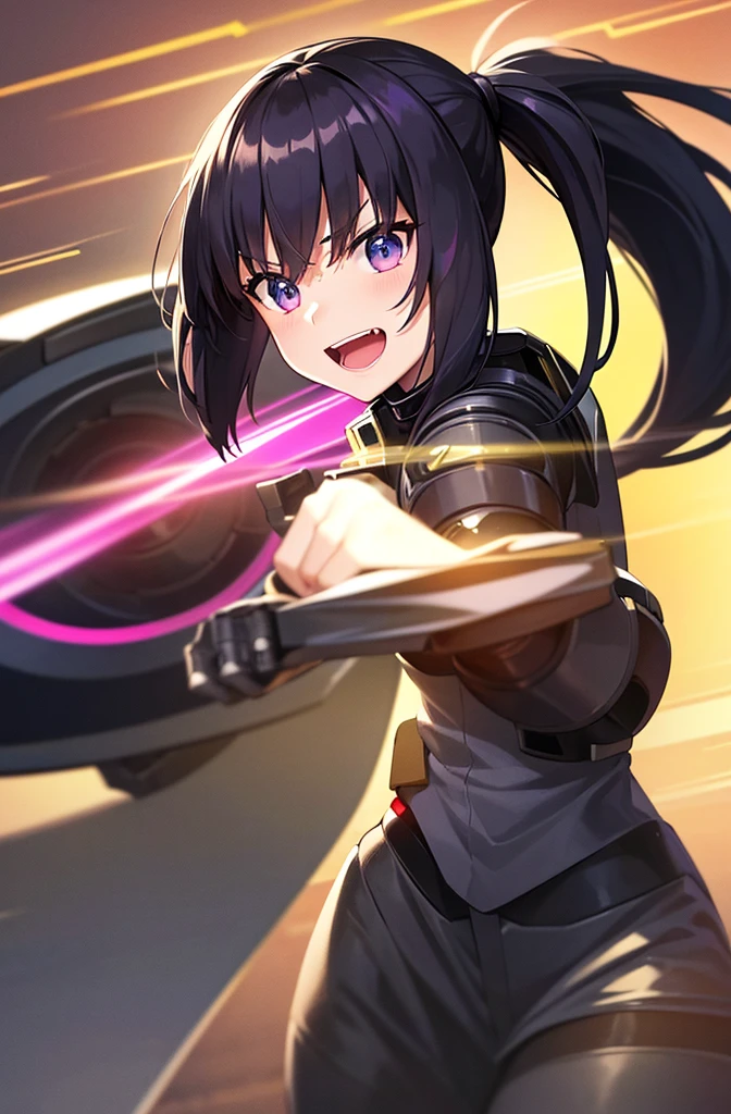 最high quality, high quality, 8K、High resolution,Highest quality、solo、Black Hair, ponytail, Open Mouth Smile, Evil Face, Expressionless face, Secret spy,A heroine of justice wearing pink mecha cyber armor,Old Manga, Sci-fi anime, modern mecha anime