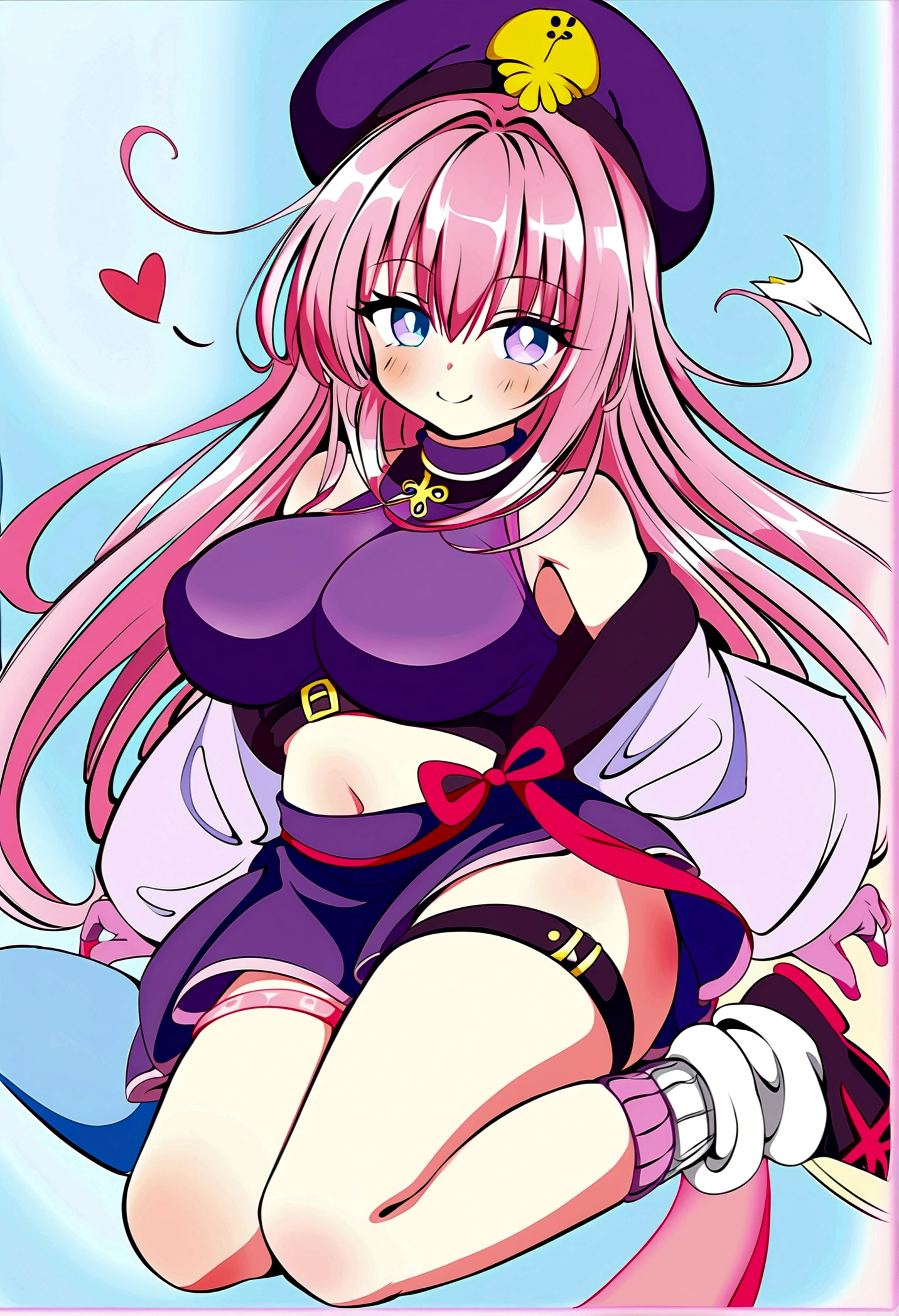 To Love-Ru、Purple off-the-shoulder mini skirt dress、Pink Hair、Big Breasts、Light purple loose socks、Provocative look、Raw thighs、Light blue eyes、Leg band on right thigh only、Are standing、Light pink gloves、Simple clothes