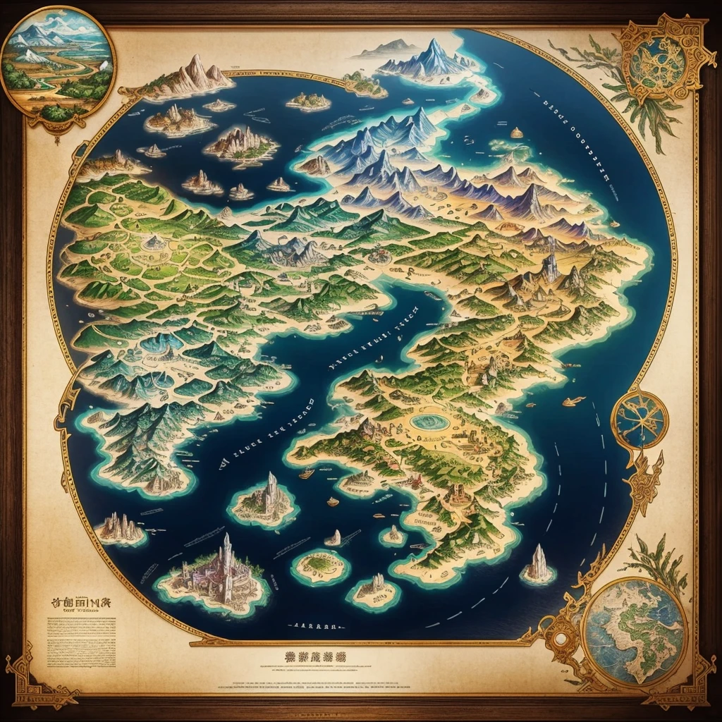 The map of the magical realm of Elysium、It is a masterpiece of a relic.。 , Displaying the diverse and fascinating landscapes of each region.