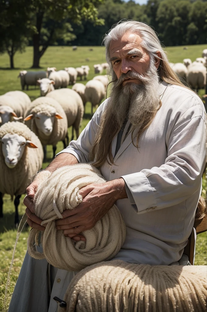 old man with long hair and beard in linen clothes in the pasture, without glasses. with sheep around him and him holding a sheep on his lap