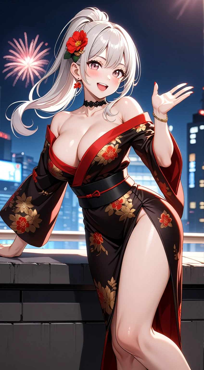((One personの女性)), Beautiful Face, full body, (Laughing embarrassedly), (laugh:1.2),((Wink:1.7)), (head tilt:1.3), Laugh with your mouth wide open, upper teeth, waving at viewer, ((Bright red cheeks:1.4)),Glossy Red Lips,night, Skyscraper rooftop, firework, Shining Face, (Arching your back、Push up your ass), ((Anime style background)),masterpiece, Highest quality, so beautiful,up to date, Complex details, (Pink long nails),(ring),(bracelet),(Floral choker),AI-generated, Complex,High resolution, Highest quality, super high quality,3D Images、3D Images,One person,Long white hair,High Ponytail, Anime woman posing for a photo,(blue eyes), ((Fine grain、Silvery white, lightly pigmented eyes、Shining Eyes:1.3)), (Squint your eyes:1.1), a hyperRealistic , hyperRealistic , Realistic,Anime woman with long white hair, Smooth anime CG art, A woman in a colorful kimono with gold embroidery, (Black long sleeve kimono),Red floral pattern,(black stiletto sandals), Long flower hair ornament,Earrings,Mature Body,(Big Breasts:1.1),Tall,Abdominal muscles,Tight waist, ((front view)),