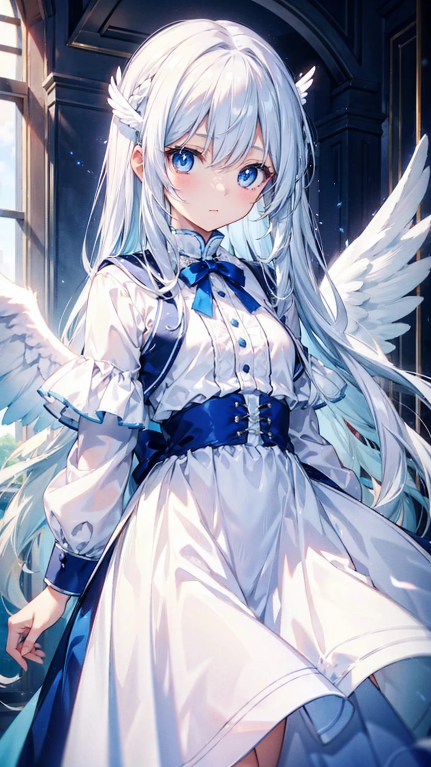 A pretty girl with long white hair and blue eyes、、Surprised、Bright expression、joy、White dress、Angel wings on the back