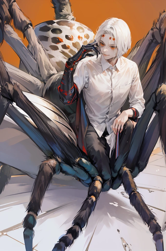 (arachne:1.3), arthropod limbs, 1man, manly (adult male:1.2), bust, (solo), grey hair, short hair, fair skin,white, morbid, smirk, solo, orange eyes, handsome, forest background