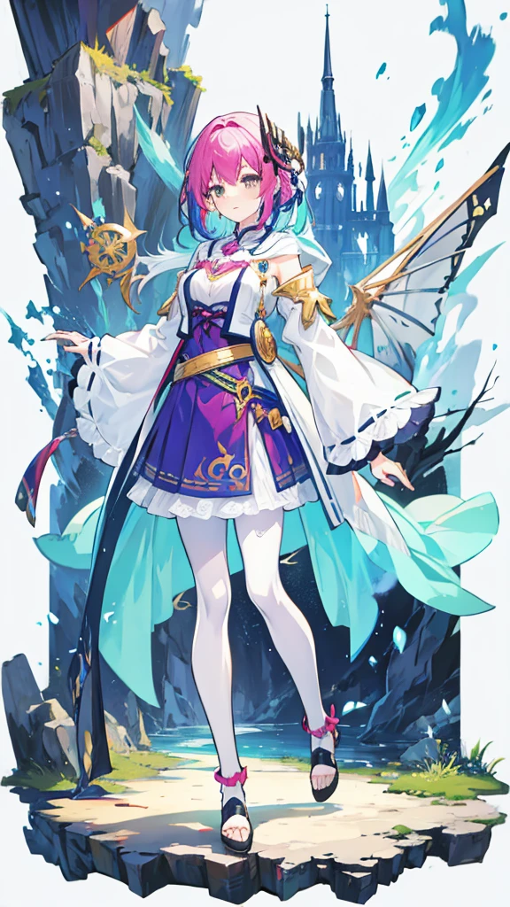 fantasy world girl with colorful hair, accessories, detailed clothes, pantyhose
