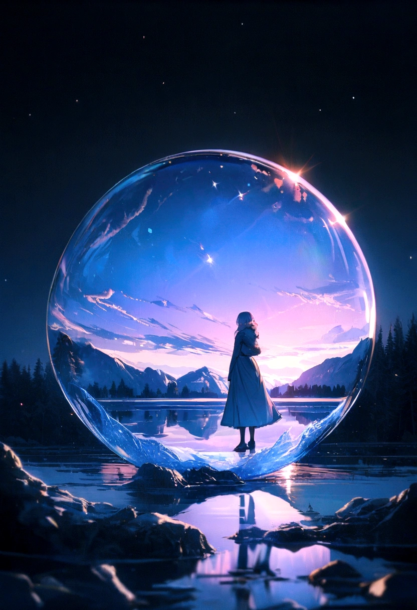(A glass sphere depicting a soft winter sky over a frozen lake:1.2), (Silk glass sphere 1.1), Landscape Photography, Unsplash, Extremely detailed, High detail, Analog Film, Analog Lighting, nature光, 4K Photos, 8K Photo, ハイパーrealism, Impressionism, Romanticism, Conceptual Art, Surrealism, realism, Cinema Lighting, Shine, Shine光, God's Rays, Ray Tracing, reflected light, bloom, Film Grain, Optical illusion, Lens flare, Caustics, Exposure, Bokeh, 超High resolution, masterpiece, Super detailed, Attention to detail, high quality, Awards, 最high quality, High resolution, 16K, 8K, 4K, nature