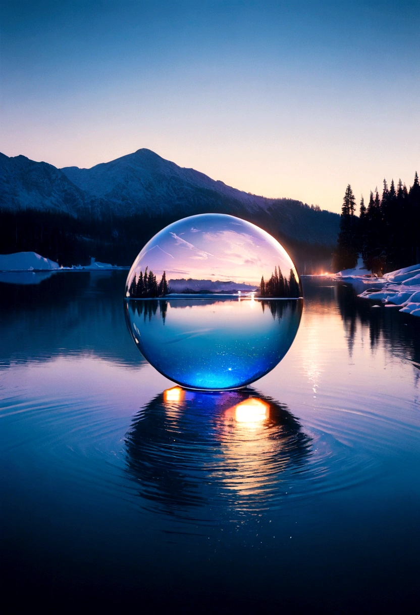 (A glass sphere depicting a soft winter sky over a frozen lake:1.2), (Silk glass sphere 1.1), Landscape Photography, Unsplash, Extremely detailed, High detail, Analog Film, Analog Lighting, nature光, 4K Photos, 8K Photo, ハイパーrealism, Impressionism, Romanticism, Conceptual Art, Surrealism, realism, Cinema Lighting, Shine, Shine光, God's Rays, Ray Tracing, reflected light, bloom, Film Grain, Optical illusion, Lens flare, Caustics, Exposure, Bokeh, 超High resolution, masterpiece, Super detailed, Attention to detail, high quality, Awards, 最high quality, High resolution, 16K, 8K, 4K, nature