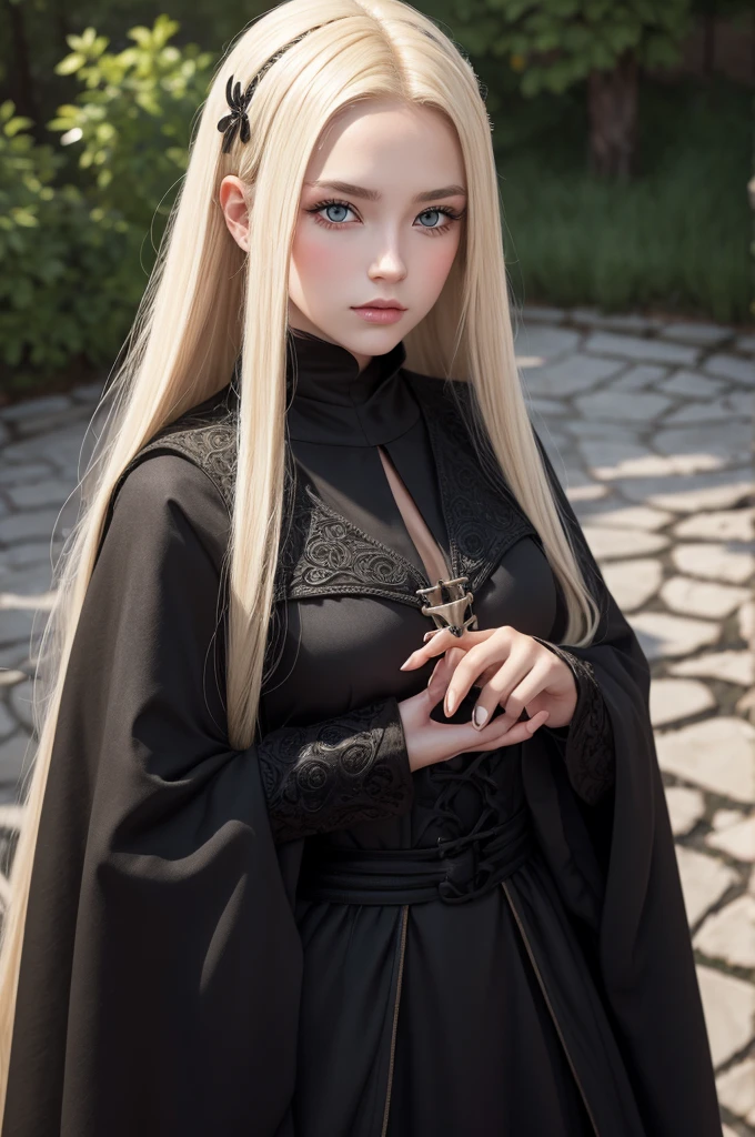 create a girl with blonde hair with black tips,Caucasian skin, greeneyes, wearing black medieval dress
