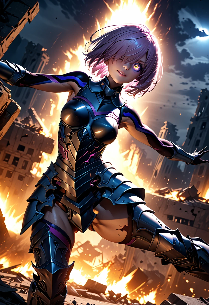 (masterpiece, top quality, best quality, beautiful and aesthetic:1.2), full body, SFW, extremely detailed, detailed face and eyes, cinematic light, depth of field, 1girl, seducing smile, solo, official, (full armored knight:1.4), dark armor, mash kyrielight, light purple hair, short hair, hair over one eye, slim body, cinematic lighting, dramatic lighting, dramatic atmosphere, hyper-realistic, high resolution, stunning contrast, high quality, best quality, 8k, 4k, intricately detailed, (amazing details:1.2), highly detailed skin, powerful presence, vibrant colors, (detailed eyes:1.2), striking eyes, (detailed background), (warzone on background, night, ruins), (dynamic angle:1.2), (dynamic pose:1.2)