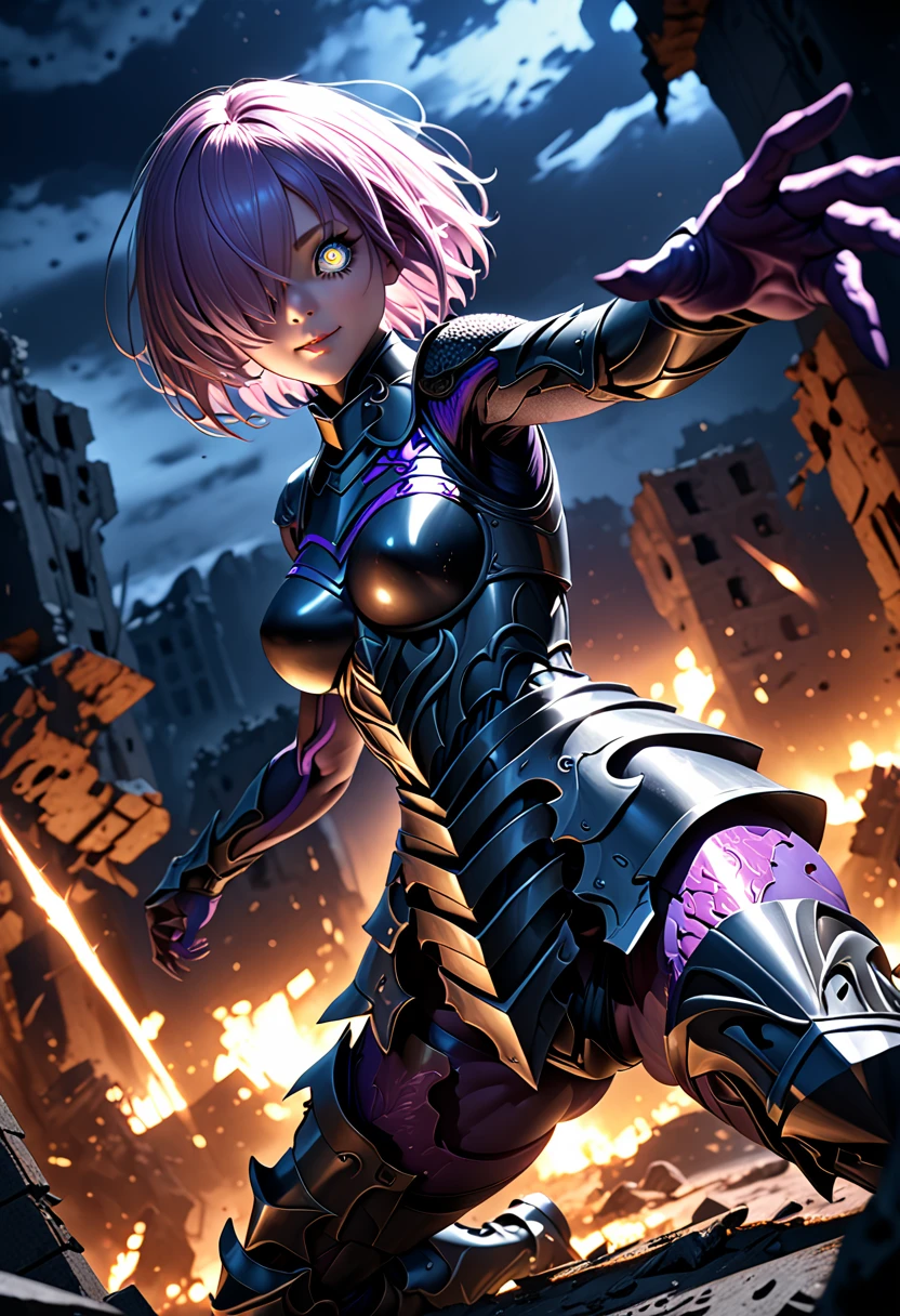 (masterpiece, top quality, best quality, beautiful and aesthetic:1.2), full body, SFW, extremely detailed, detailed face and eyes, cinematic light, depth of field, 1girl, seducing smile, solo, official, (full armored knight:1.4), dark armor, mash kyrielight, light purple hair, short hair, hair over one eye, slim body, cinematic lighting, dramatic lighting, dramatic atmosphere, hyper-realistic, high resolution, stunning contrast, high quality, best quality, 8k, 4k, intricately detailed, (amazing details:1.2), highly detailed skin, powerful presence, vibrant colors, (detailed eyes:1.2), striking eyes, (detailed background), (warzone on background, night, ruins), (dynamic angle:1.2), (dynamic pose:1.2)