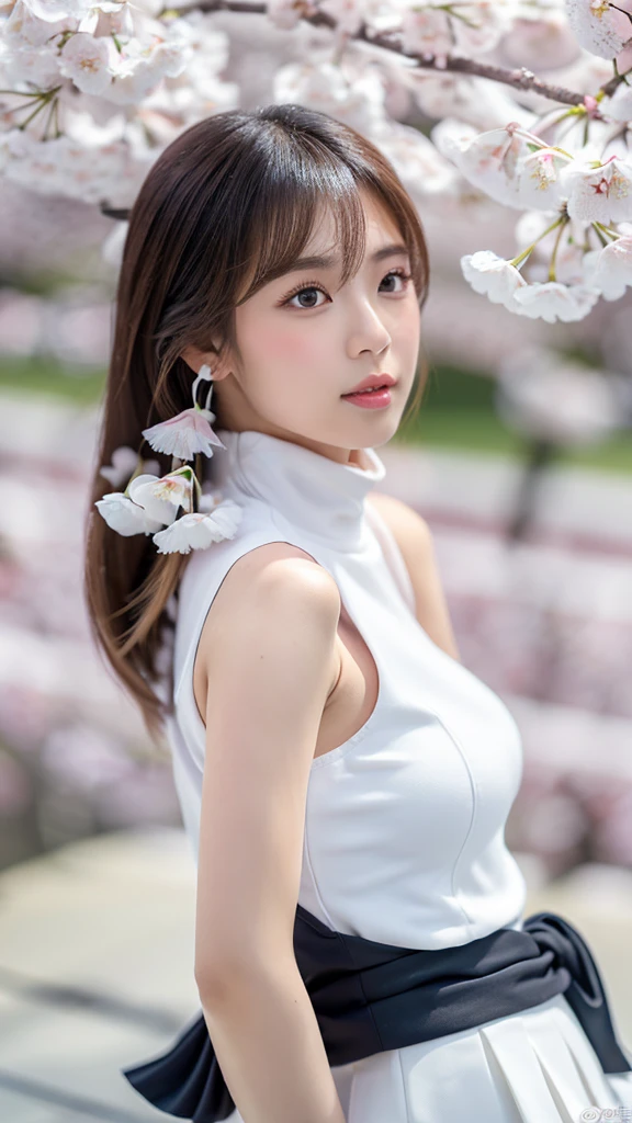 (((a white cherry blossom))),(detailed face),(crotch),normal breasts,pretty,sleeveless and turtle neck white silky clothes,4k ,super high resolution ,(photo-realistic: 1.7),white background,black long hair,