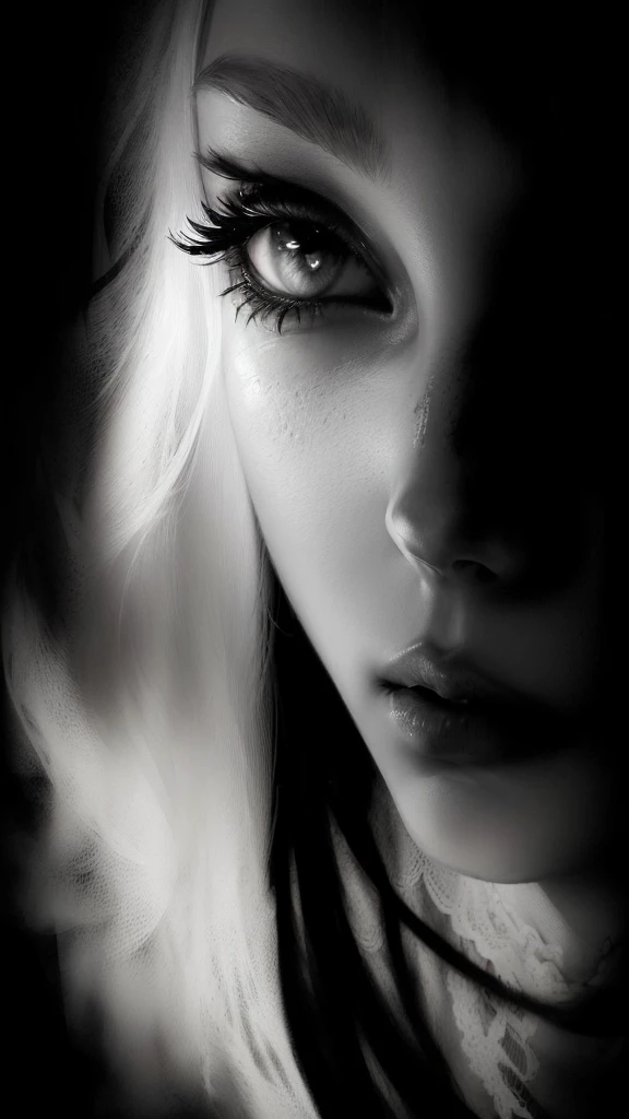femme arafée aux cheveux longs et aux grands yeux regardant la caméra, noir et blanc image, expression sombre, visage mélancolique, pc gros plan profil visage, expression solennelle, visage solennel, gros plan du visage, Expression pensive, expression mélancolique, visage en gros plan, noir et blanc), visage d'anxiété et de désir, noir et blanc