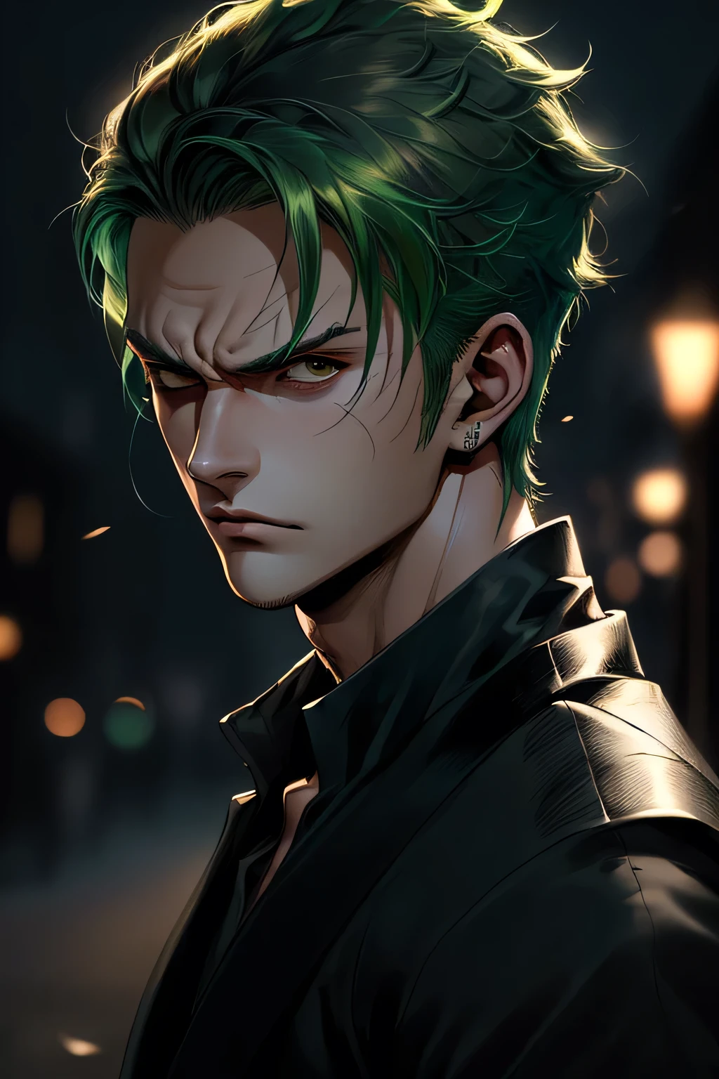 Handsome 1boy, Roronoa zoro, Angry expression, (Close one eye), Eye wounds, Green Hair. alone, whole body, ((((masterpiece))), ((Highest quality)), (Very detailed), Dark intense shadows, Lighting, High resolution, Good composition, Dynamic pose, Iris, Modern and fashionable dark clothing, Blurred Background, Night Street、Upper body portrait