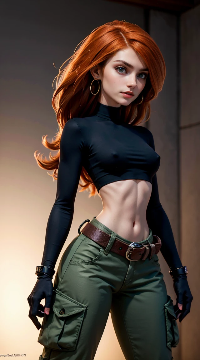 (Muscular), (thick thighs), 
long orange-red hair, green eyes, confident expression, pale skin,
eyeshadow, earrings,
detailed eyes, big smile, detailed skin,
small breasts, hard nipples,
(black crop top, black gloves, brown belt, green cargo pants),
upper body view, looking at viewer, three quarter view,
dark studio, rim lighting, two tone lighting, dimly lit, bokeh