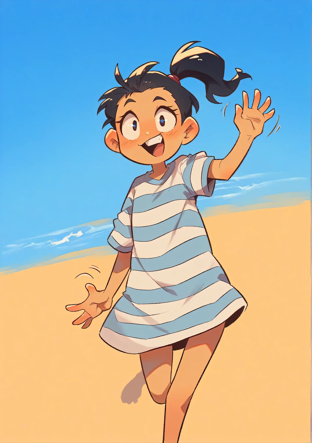 Blue Sea, intense sunlight, Cartoon style, 1 woman, hand waving pose, Black ponytail hair, striped dress