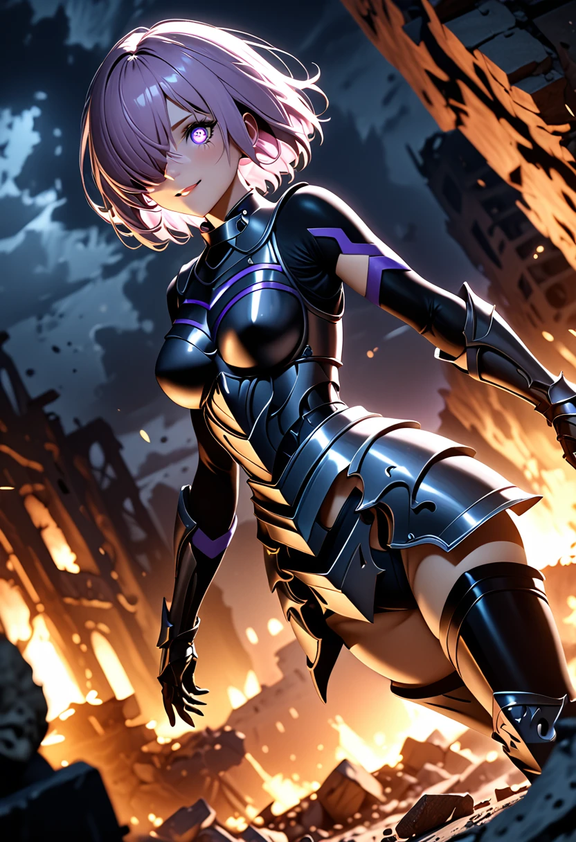 (masterpiece, top quality, best quality, beautiful and aesthetic:1.2), full body, SFW, extremely detailed, detailed face and eyes, cinematic light, depth of field, 1girl, seducing smile, solo, official, (full armored knight:1.4), dark armor, mash kyrielight, light purple hair, short hair, hair over one eye, slim body, cinematic lighting, dramatic lighting, dramatic atmosphere, hyper-realistic, high resolution, stunning contrast, high quality, best quality, 8k, 4k, intricately detailed, (amazing details:1.2), highly detailed skin, powerful presence, vibrant colors, (detailed eyes:1.2), striking eyes, (detailed background), (warzone on background, night, ruins), (dynamic angle:1.2), (dynamic pose:1.2)