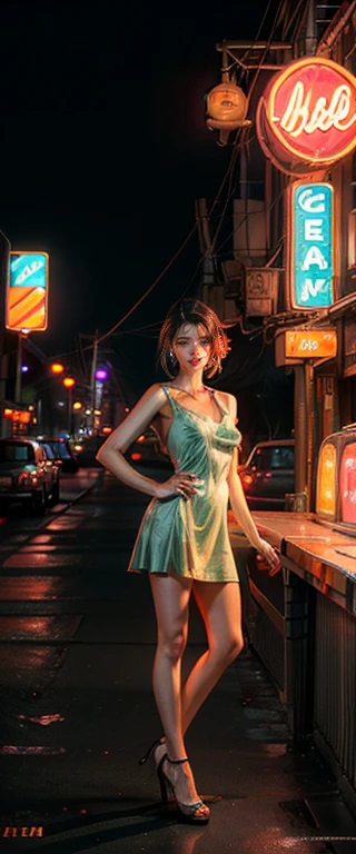 ((masterpiece, highest quality, Highest image quality, High resolution, photorealistic, Raw photo, 8K)), arafed view of a motel with a car parked in front of it, with neon signs, A woman waiting for a guest in front of a motel, seduction, short dress and high heels, route 6 6, neon signs, 1 9 5 0 s americana tourism, some have neon signs, neon lights outside, neon advertisements, gigantic neon signs, neon shops, by Arnie Swekel, few neon signs, neon signs in background,