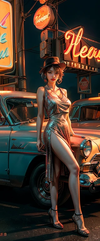 ((masterpiece, best quality, Best image quality, high resolution, realistic, raw photo, 8K)), Araping view of motel with cars parked in front, with neon sign, Woman waiting for guests in front of motel, Temptation, short dress and high heels, route 66, neon sign, 1 9 5 0 Second Americana Tour, some have neon sign, Neon Lights Outside, neon advertising, gigantic neon sign, neon stores, few neon sign, neon sign in background,