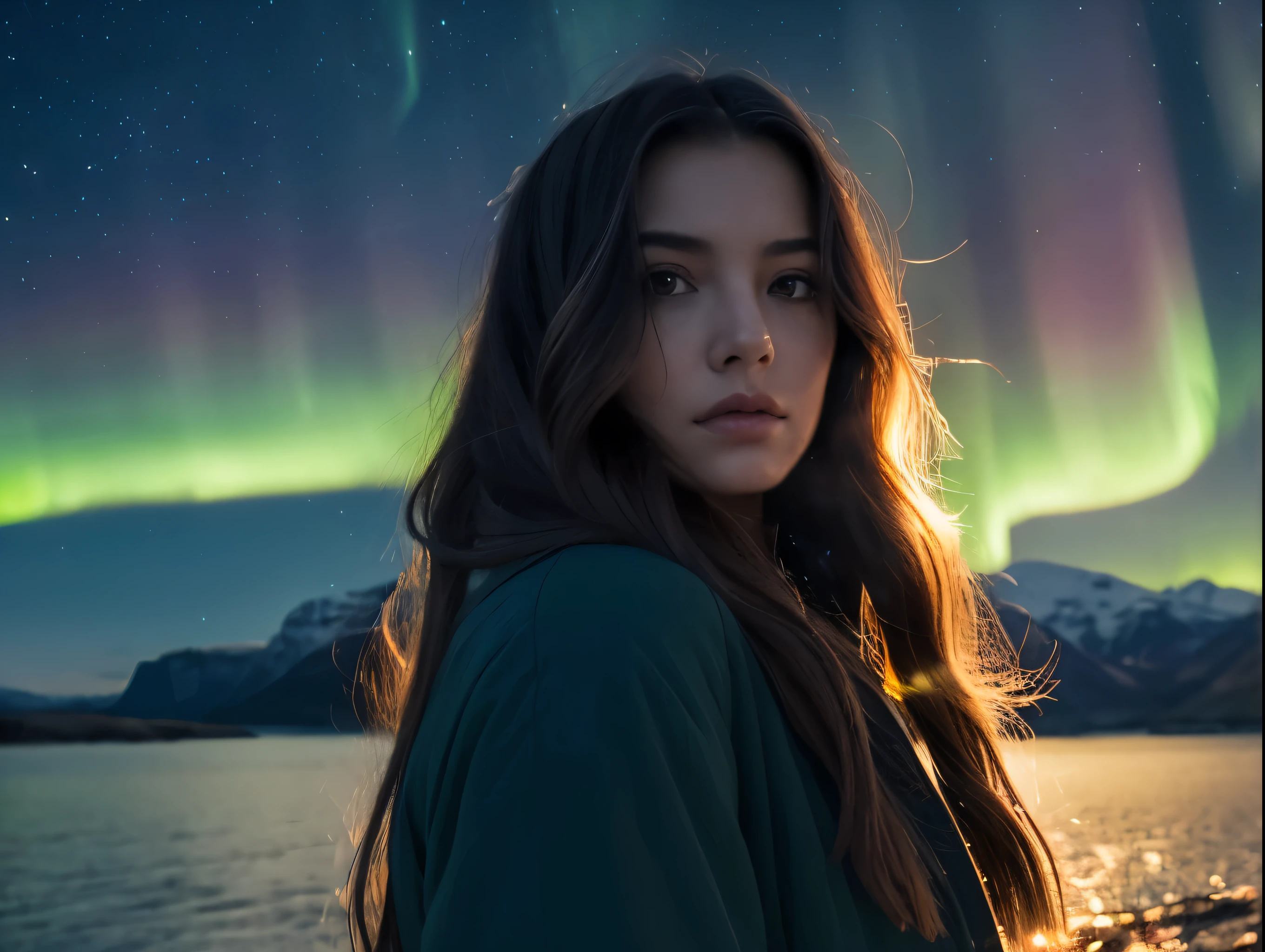 A stunning aurora borealis over a serene lake, 1girl facing the sky, detailed facial features, mesmerized expression, long flowing hair, cozy winter clothing, picturesque landscape, glowing northern lights, ethereal atmosphere, (best quality,4k,8k,highres,masterpiece:1.2),ultra-detailed,(realistic,photorealistic,photo-realistic:1.37),cinematic lighting,dramatic colors,moody,fantasy,mystical