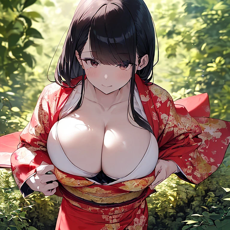 (Fox Girl, Fox Ears, Black colored hair, Fox Makeup, One Girl, Long Hair:1.6), (kimono, Kimono with open chest, A beautiful kimono with red and black patterns, I can see her cleavage, Open chest, Exposed skin:1.8), (Body size is 100-70-90!, Nice body, Big Breasts, Soft breasts, Emphasize cleavage, Knees are slightly visible, Muscular, Abdominal muscles, Grab your own chest:1.9), Avatar, face, lewd face, Dominant representation, naughty face, Uplifting, Skin Texture, outside, Grassy field