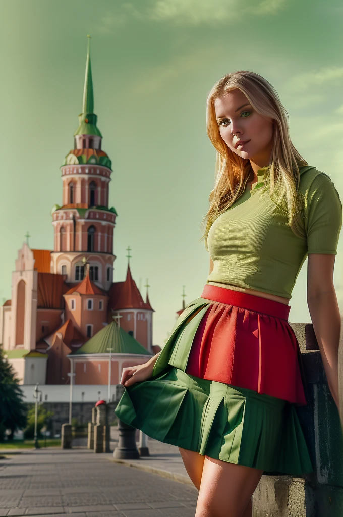 Lituania, pretty women blonde, ((In Vilnius City)), (((the Vilnius cathedrale tower))), (((wear a green top)), (((wear a red skirt)))