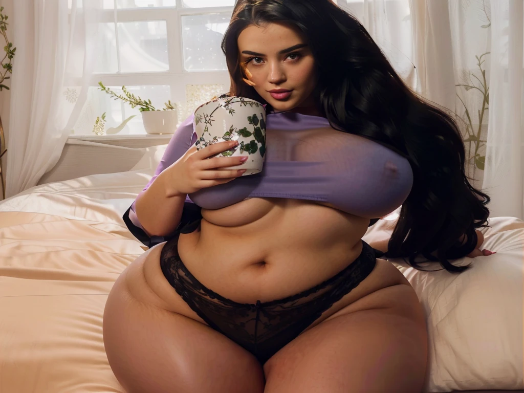 there is a woman in a lingerie holding a pink cup, thicc, sexy hot body, long curvy black hair, thick body, violet myers, voluptuous body, sexy body and face, angelawhite, beautiful body and face, beautiful thick female, photorealistic perfect body, clear portrait of demi rose, seductive and powerful, attractive face and body