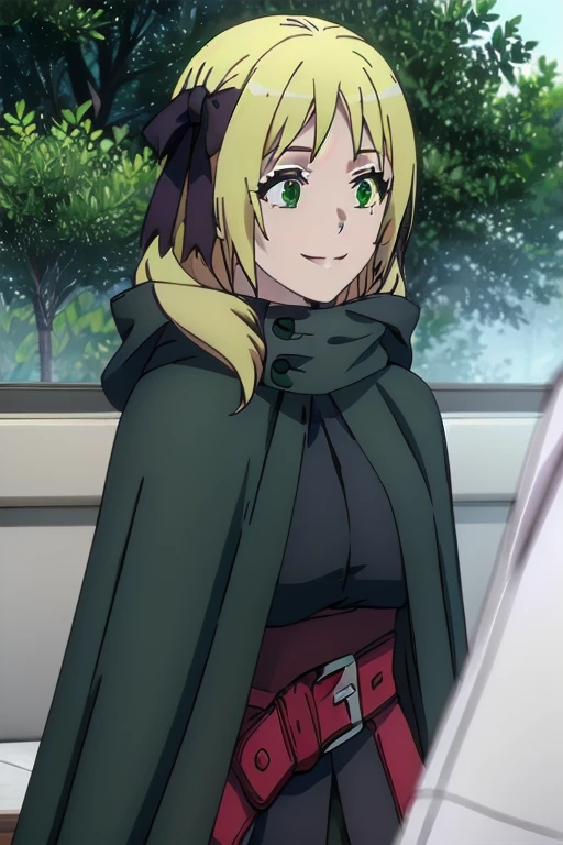 Solo, 1girl, esther rosenthal, smile, long hair, blonde hair, (green eyes:1.5), mole, hooded cloak, cape, best quality, forest,