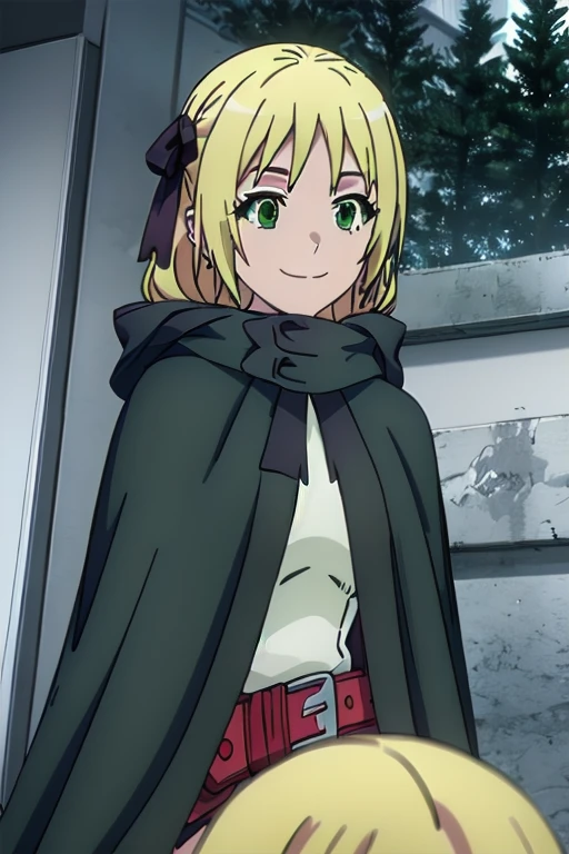 Solo, 1girl, esther rosenthal, smile, long hair, blonde hair, (green eyes:1.5), mole, hooded cloak, cape, best quality, forest, 
