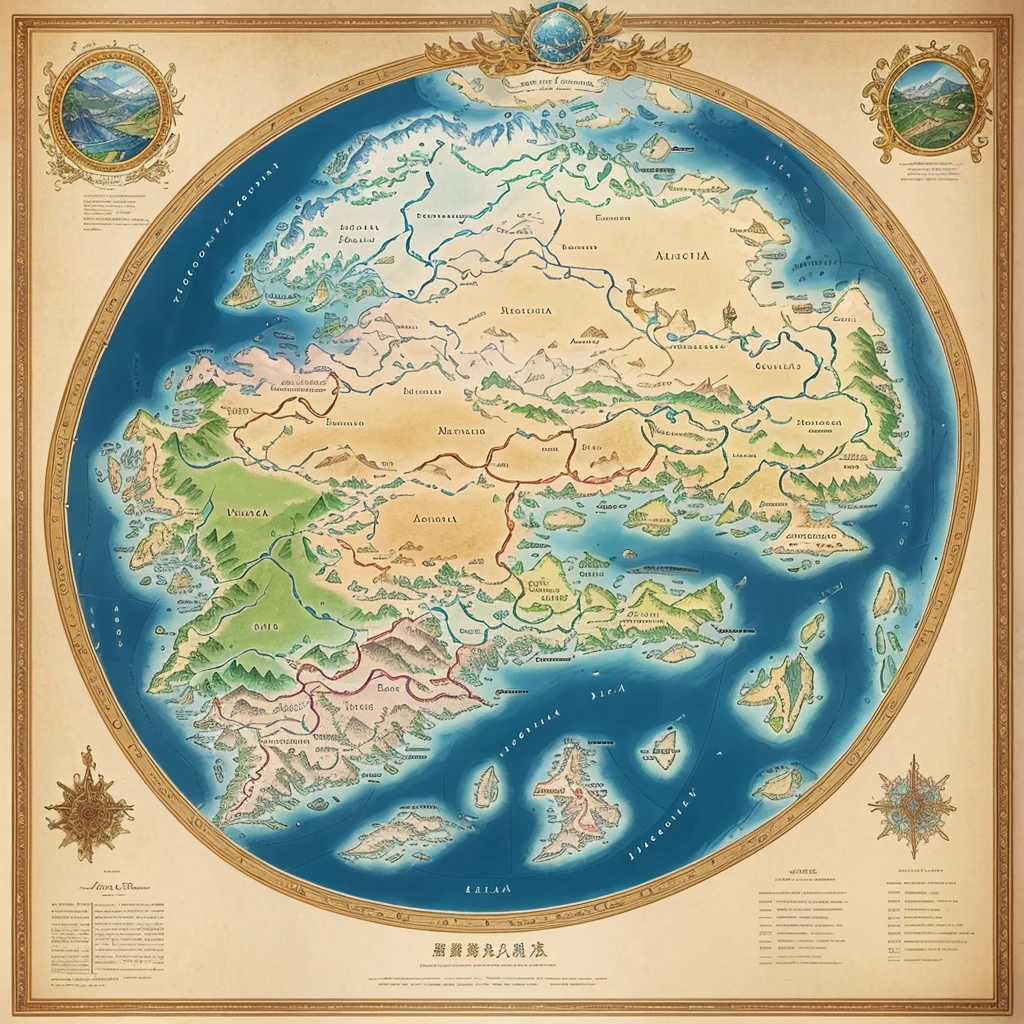 The map of the magical realm of Elysium、It is a masterpiece of a relic.。 , Displaying the diverse and fascinating landscapes of each region.