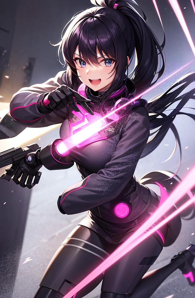 最high quality, high quality, 8K、High resolution,Highest quality、solo、Black Hair, ponytail, Open Mouth Smile, Secret spy,A heroine of justice wearing pink mecha cyber armor, modern mecha anime