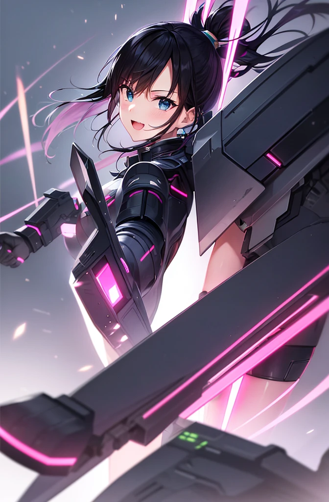 最high quality, high quality, 8K、High resolution,Highest quality、solo、Black Hair, ponytail, Open Mouth Smile, Secret spy,A heroine of justice wearing pink mecha cyber armor, modern mecha anime