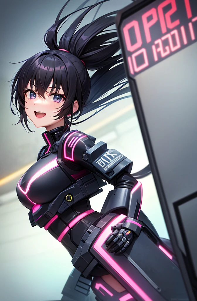 最high quality, high quality, 8K、High resolution,Highest quality、solo、Black Hair, ponytail, Open Mouth Smile, Secret spy,A heroine of justice wearing pink mecha cyber armor, modern mecha anime