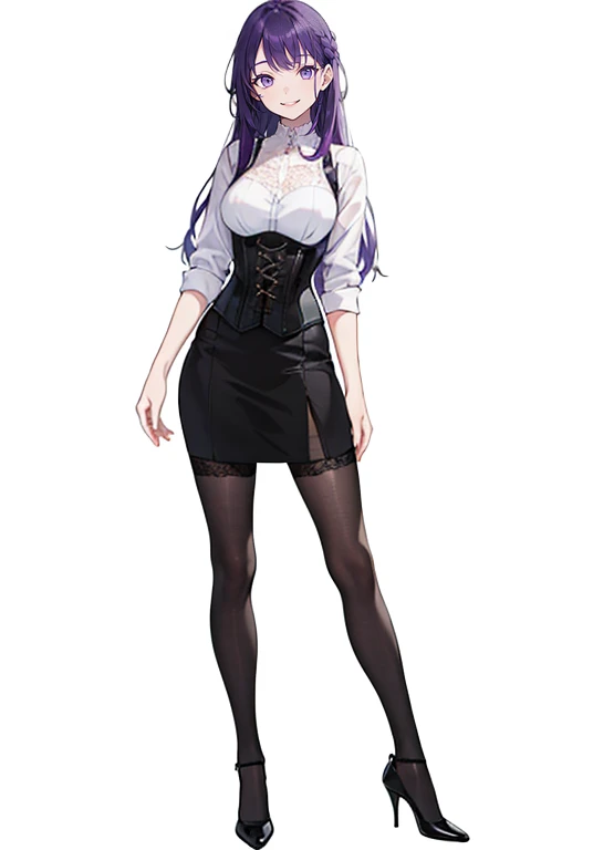 ((Perfect Face)),Purple Hair,long hair,1 female,bartender,corset,High heels,,((Simple White background)),((smile)),((full body)),((whole body)),Portraits,virtual,upright,