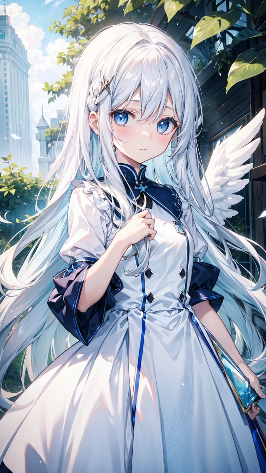 A pretty girl with long white hair and blue eyes、15 years old、Surprised、Bright expression、joy、White dress、Angel wings on the back