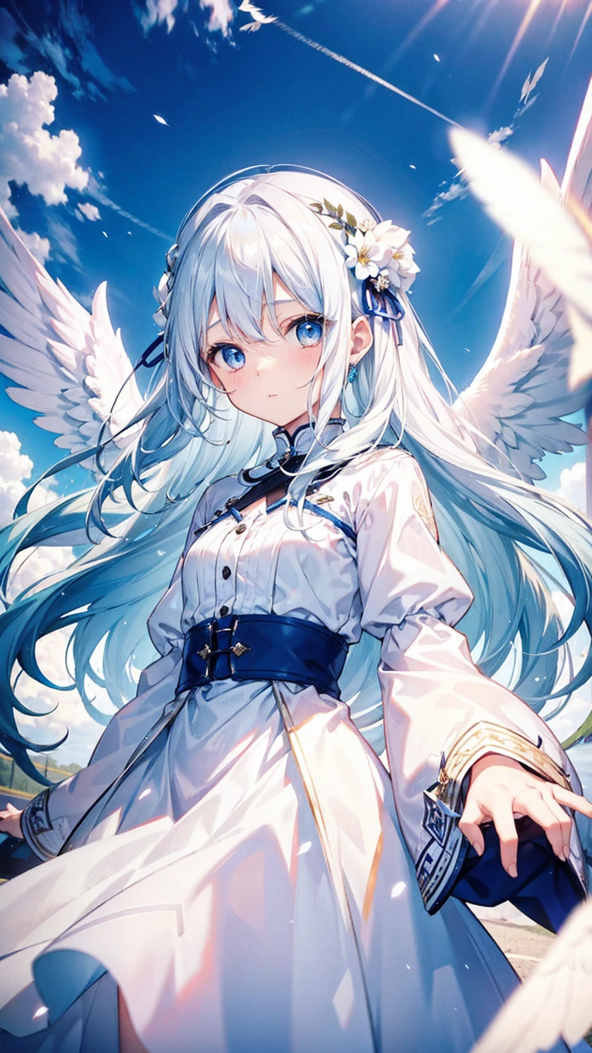 A pretty girl with long white hair and blue eyes、、Surprised、Bright expression、joy、White dress、Angel wings on the back